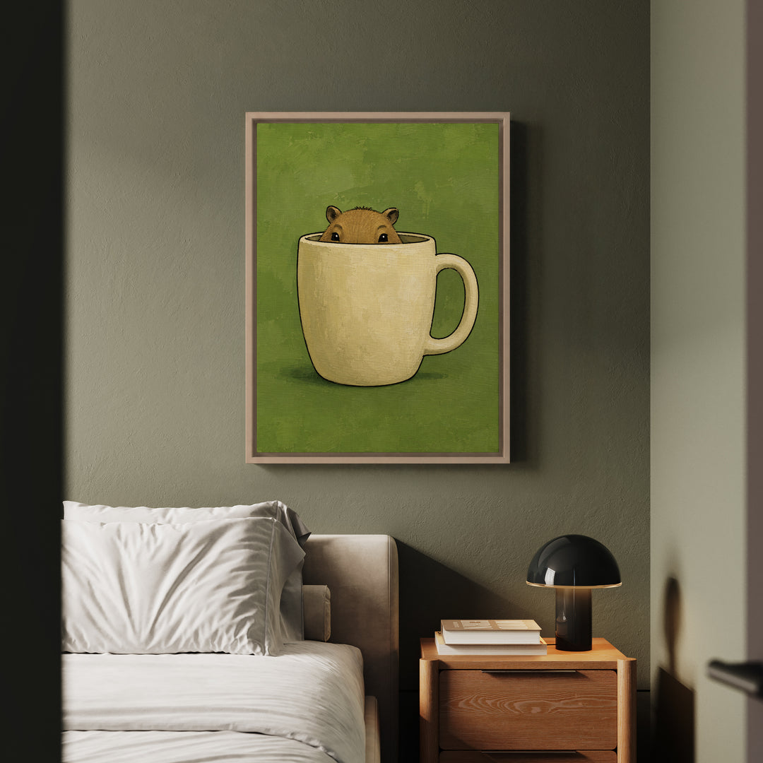 Capy Mug Shot – Capybara Wall Art with a Peek Over an Oversized Rim – Framed Canvas Wall Art
