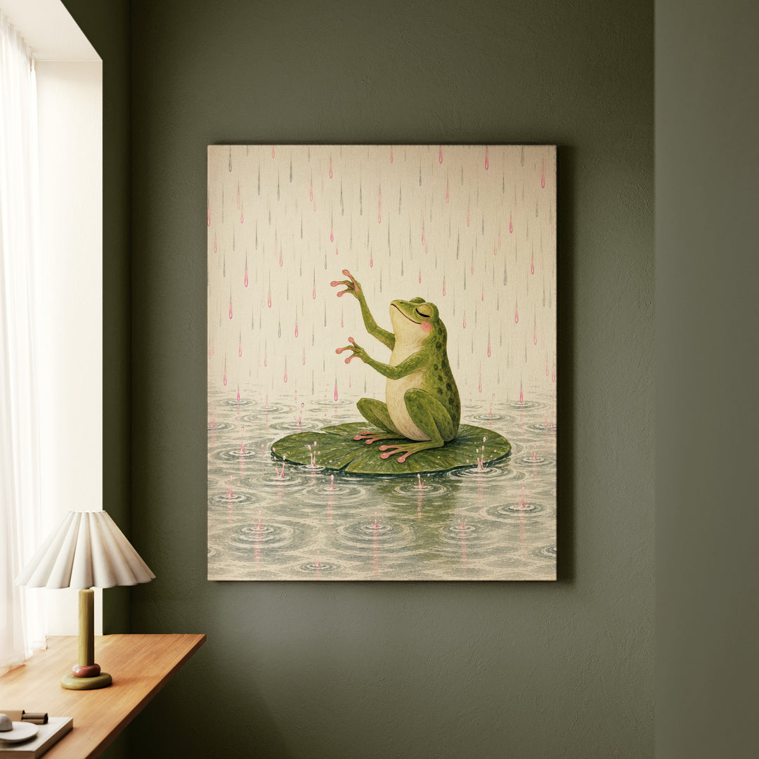 Rain Concert – Frog Art with a Lily Pad Conductor in a Downpour – Canvas Wall Art