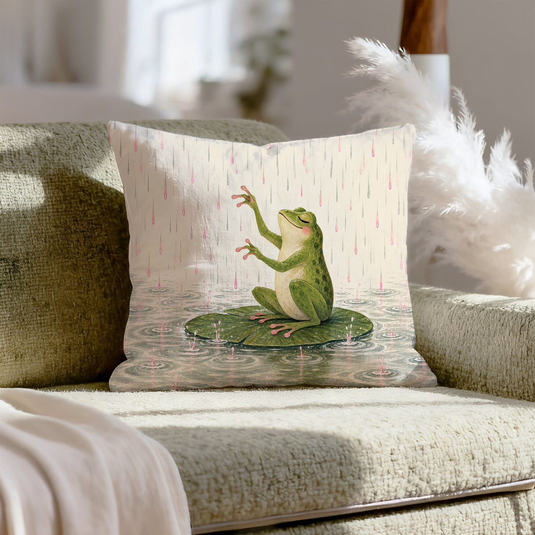 Rain Concert – Frog Decor with a Lily Pad Conductor in a Downpour – Pillow Cover