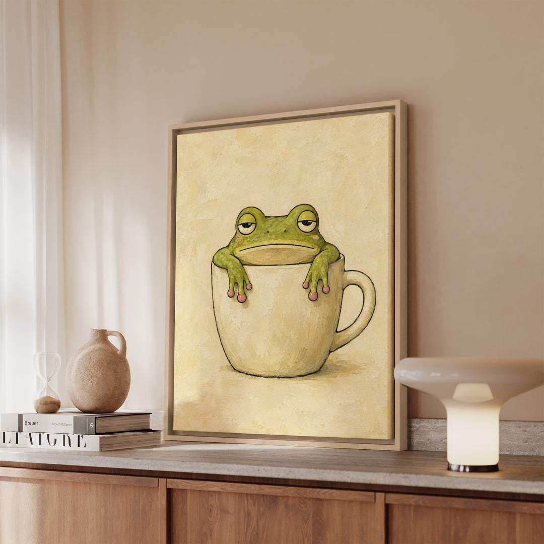 Frog on the Rim – Frog Wall Art with a Tenant Over a Ceramic Edge – Framed Canvas Wall Art
