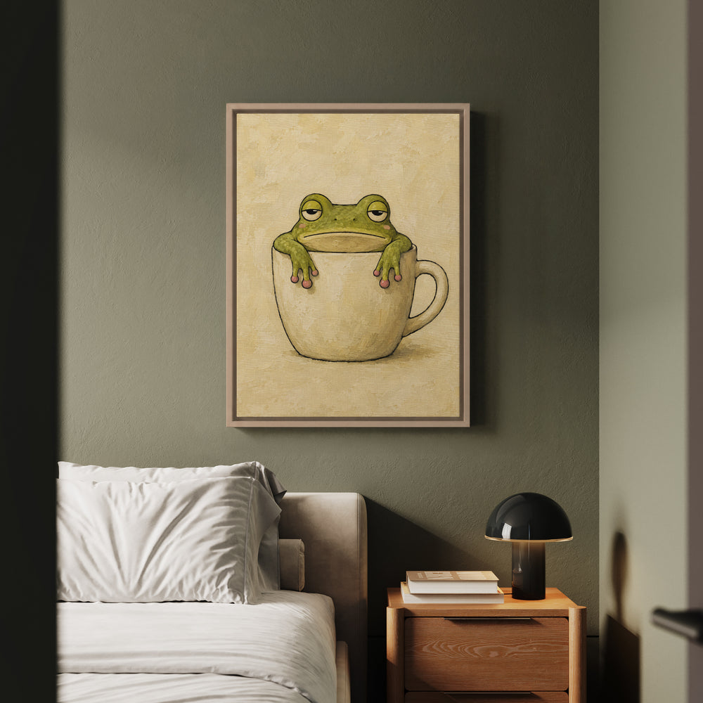 Frog on the Rim – Frog Wall Art with a Tenant Over a Ceramic Edge – Framed Canvas Wall Art
