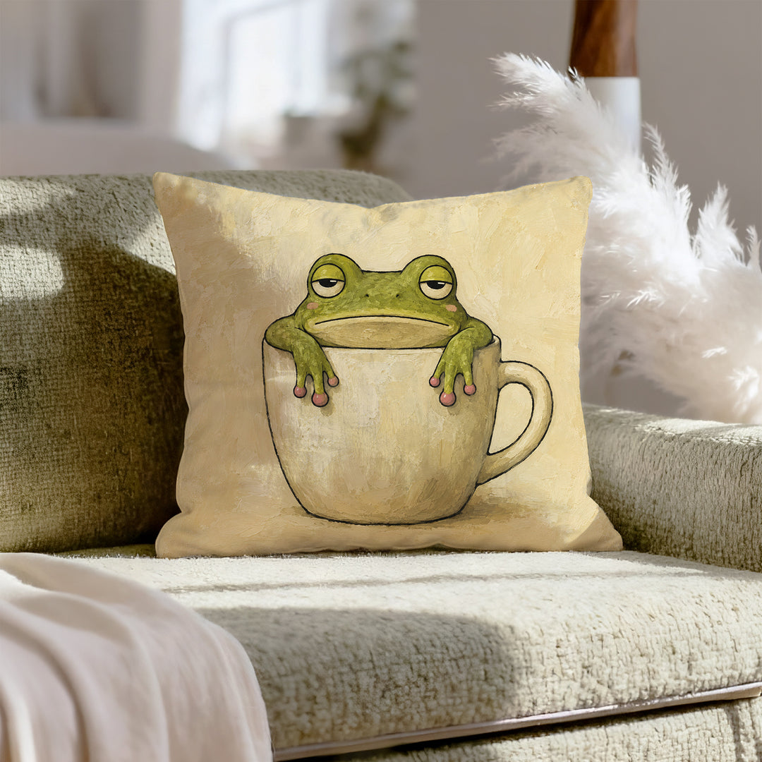 Frog on the Rim – Frog Decor with a Tenant Over a Ceramic Edge – Pillow Cover