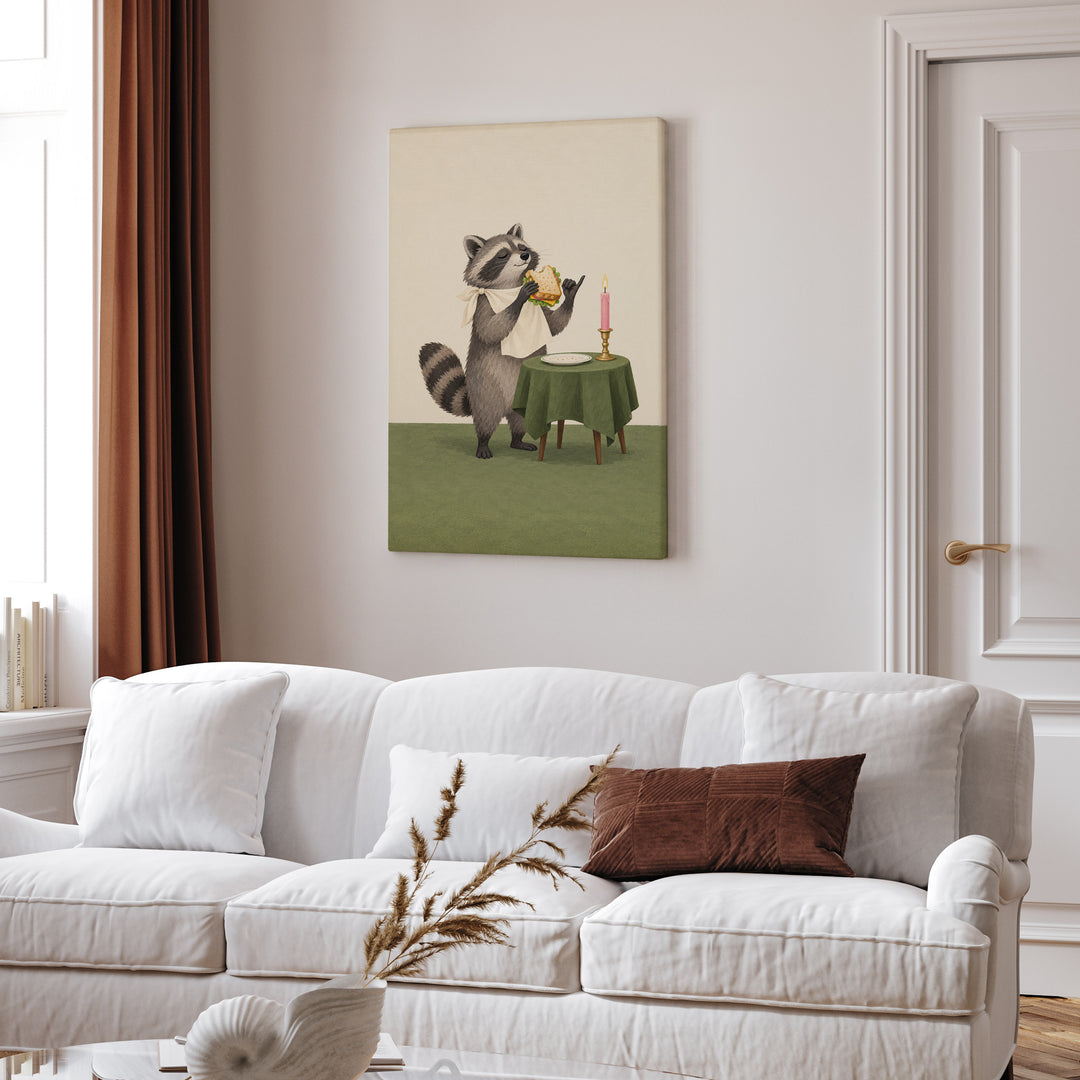 Gourmet Bandit – Raccoon Wall Art with a Candlelit Stolen Sandwich – Canvas Wall Art