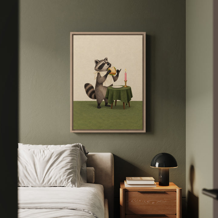 Gourmet Bandit – Raccoon Wall Art with a Candlelit Stolen Sandwich – Framed Canvas Wall Art