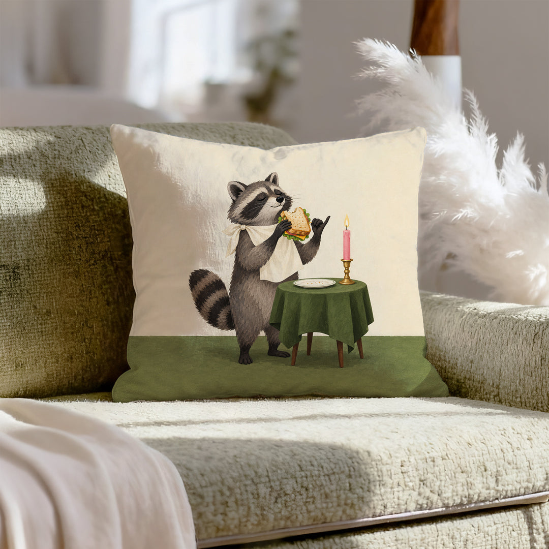 Gourmet Bandit – Raccoon Wall Art with a Candlelit Stolen Sandwich – Pillow / Cover