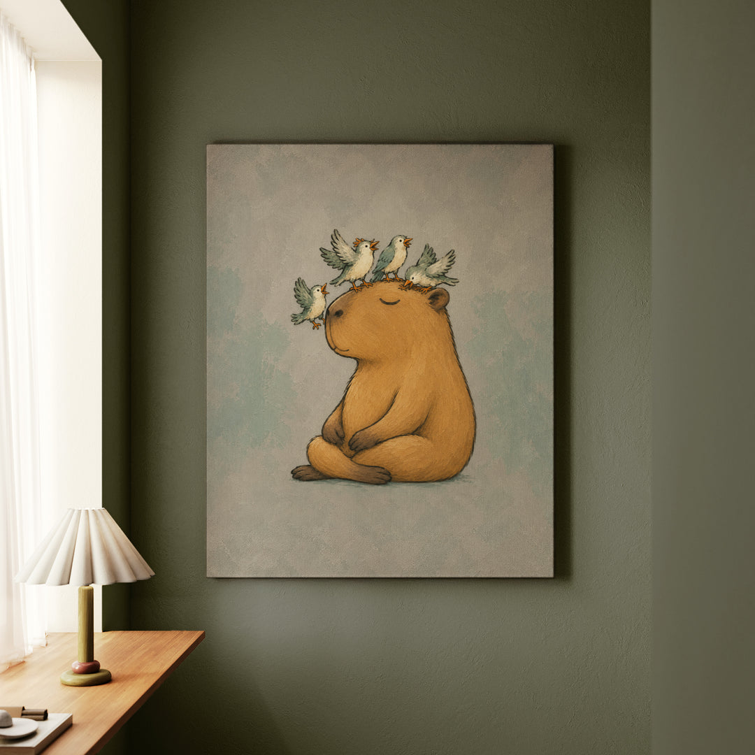Breathwork – Yoga Decor with a Capybara Amid Landing Birds – Canvas / Framed Canvas