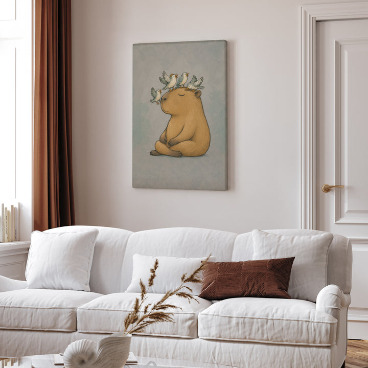 Breathwork – Yoga Decor with a Capybara Amid Landing Birds – Canvas / Framed Canvas