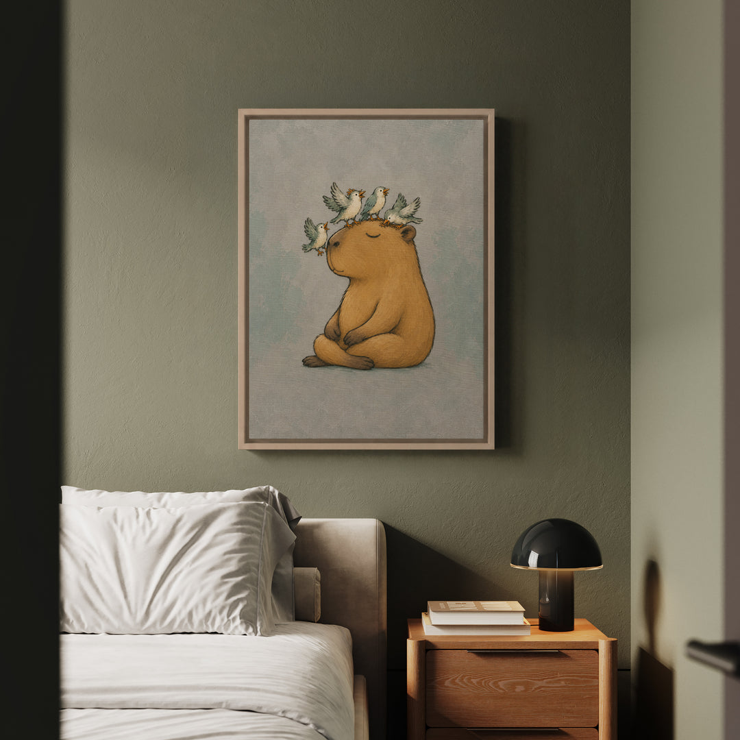 Breathwork – Yoga Decor with a Capybara Amid Landing Birds – Canvas / Framed Canvas