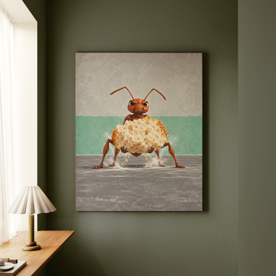 Heavy Lifting – Home Gym Decor with an Ant Deadlifting a Crumb – Canvas Wall Art