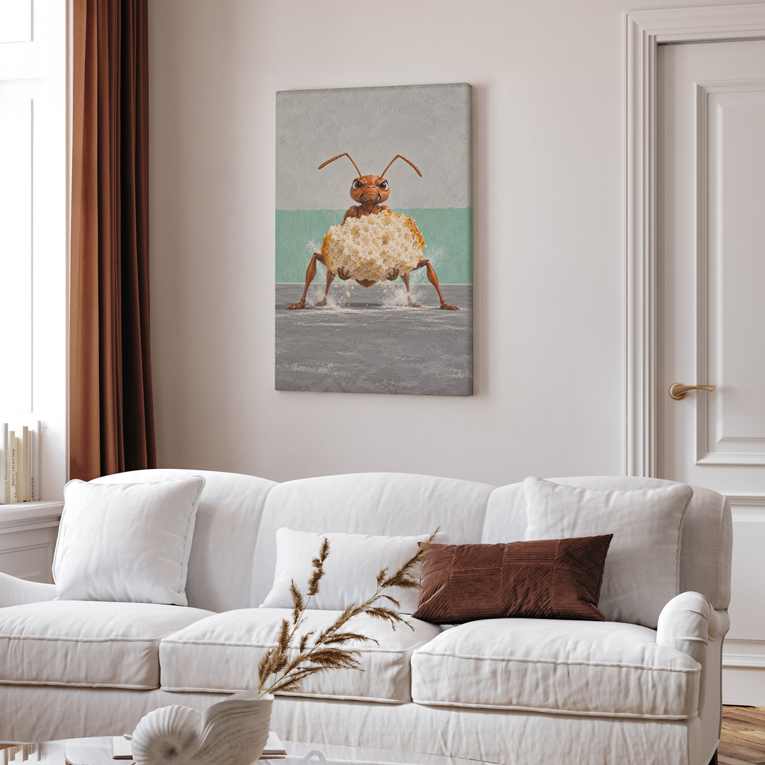 Heavy Lifting – Home Gym Decor with an Ant Deadlifting a Crumb – Canvas / Framed Canvas