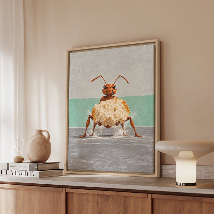 Heavy Lifting – Home Gym Decor with an Ant Deadlifting a Crumb – Canvas / Framed Canvas