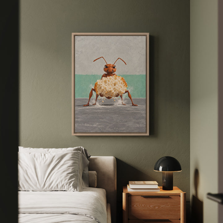 Heavy Lifting – Home Gym Decor with an Ant Deadlifting a Crumb – Canvas / Framed Canvas