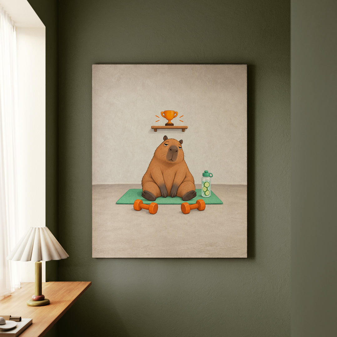 Rest Day Champion – Gym Decor with a Capybara Beside Untouched Weights – Canvas Wall Art
