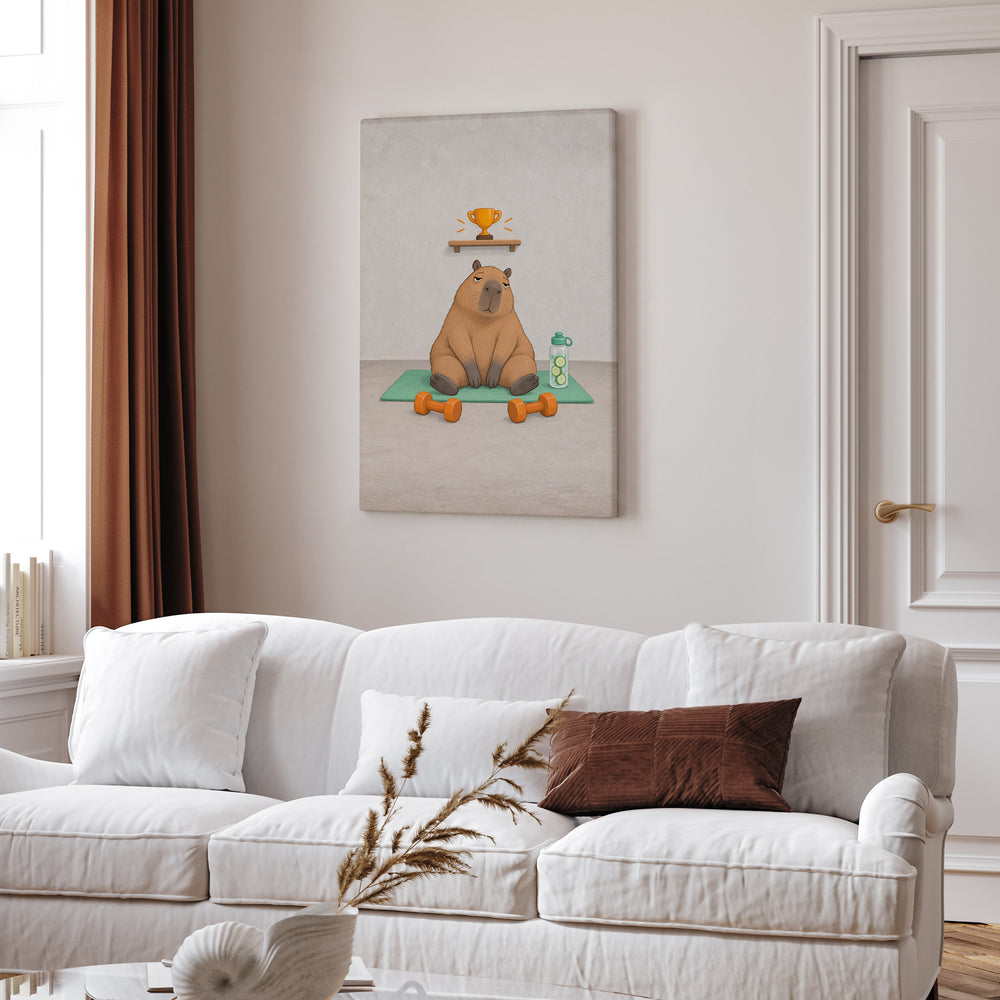 Rest Day Champion – Gym Decor with a Capybara Beside Untouched Weights – Canvas Wall Art