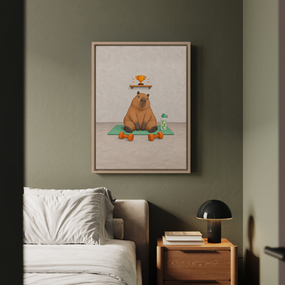 Rest Day Champion – Gym Decor with a Capybara Beside Untouched Weights – Framed Canvas Wall Art