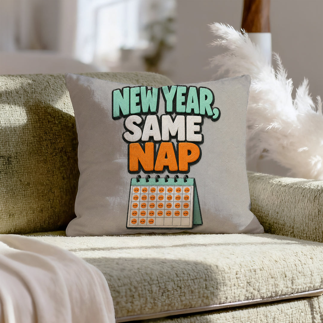 New Year, Same Nap – Gym Decor with Bold Painted January Lettering – Pillow Cover