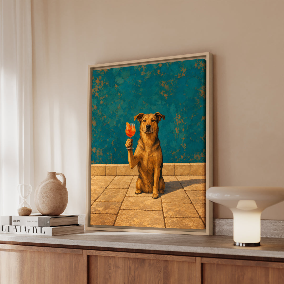 Spritz O'Clock – Orange Spritz with a Sunlit Terrace and a Dog – Canvas / Framed Canvas