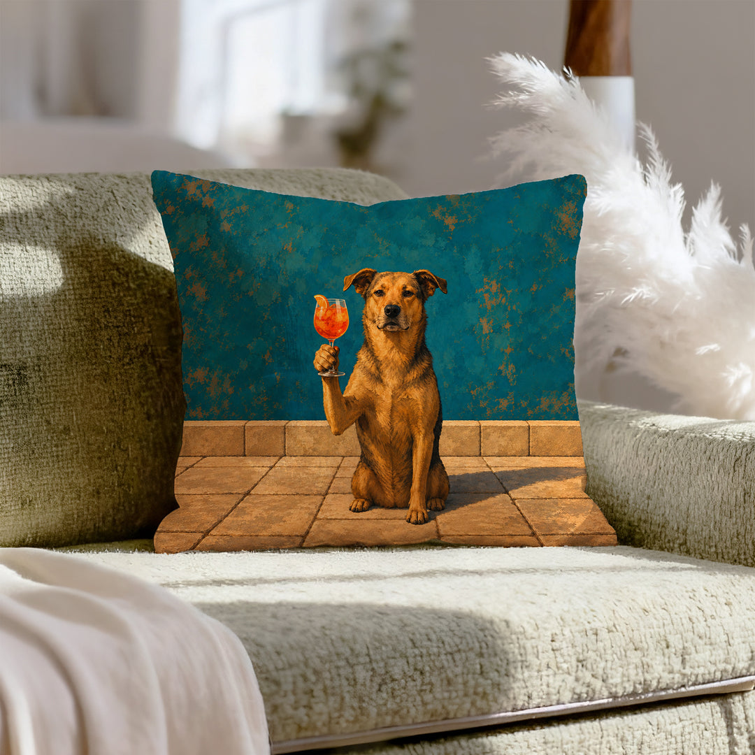 Spritz O'Clock – Orange Spritz with a Sunlit Terrace and a Dog – Pillow Cover
