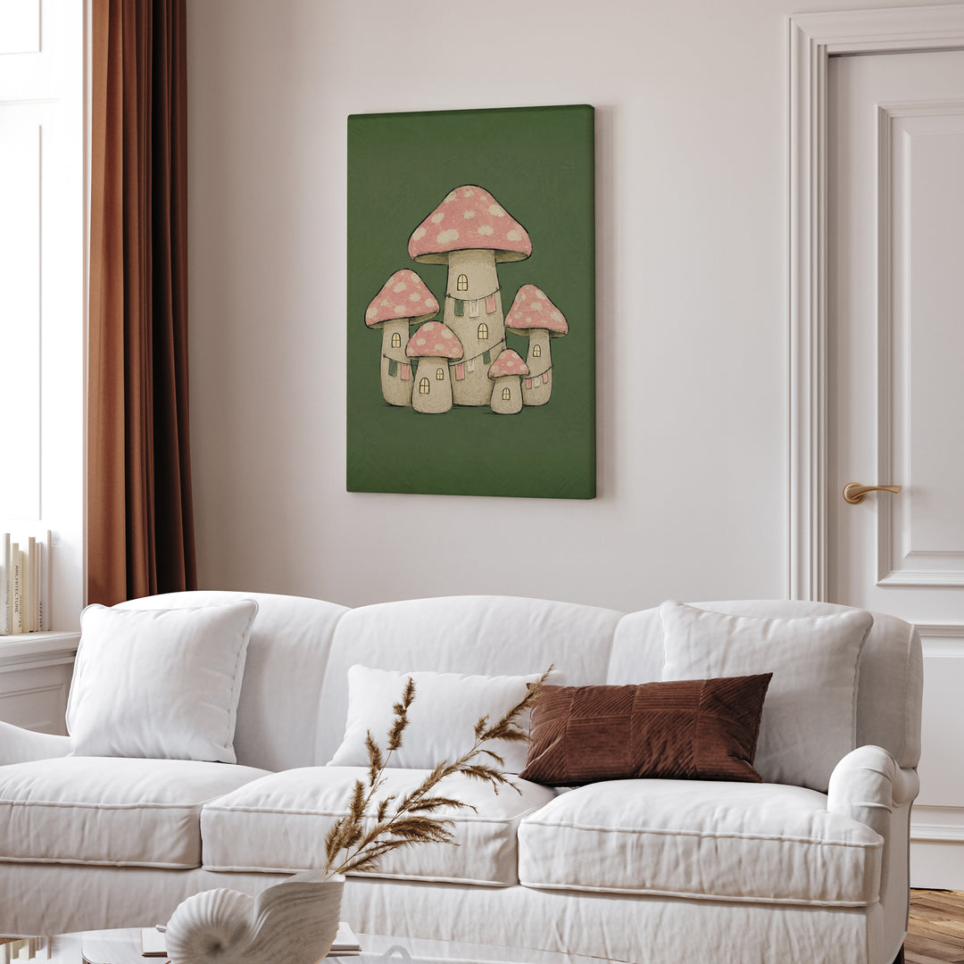 Mushroom Village – Mushroom Wall Art with Toadstools and Lit Windows – Canvas Wall Art