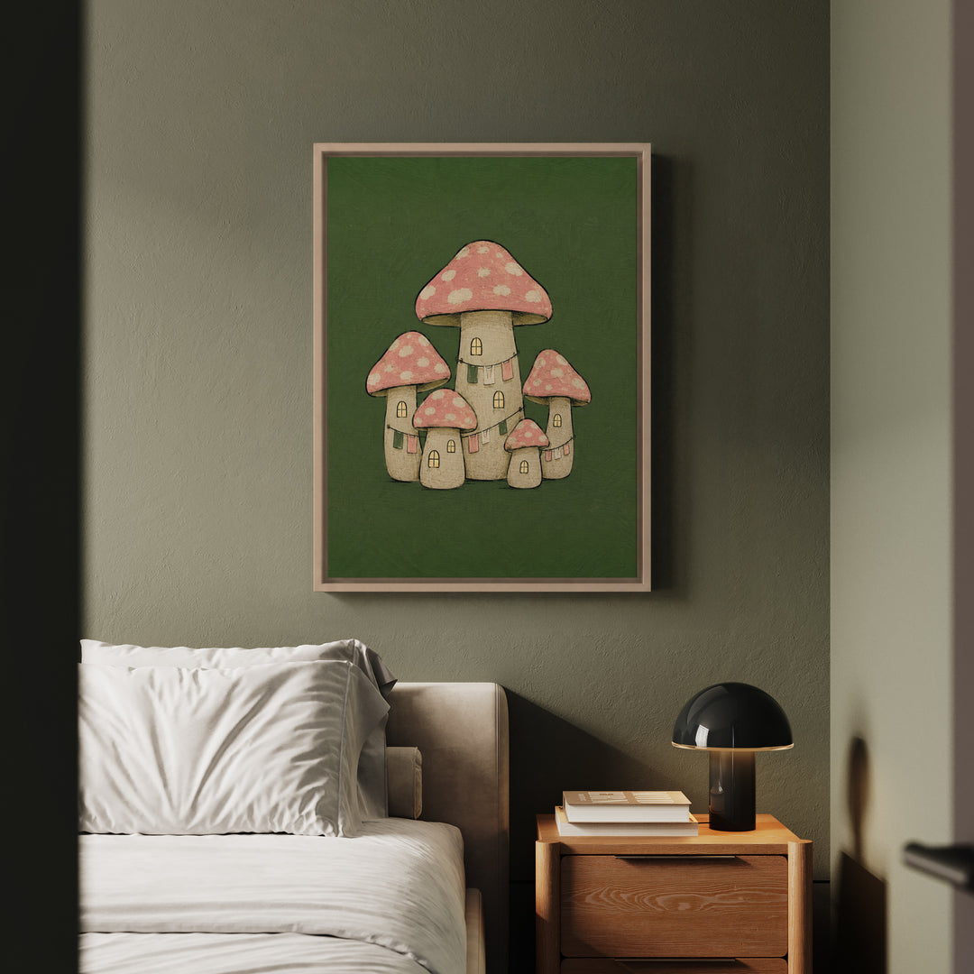 Mushroom Village – Mushroom Wall Art with Toadstools and Lit Windows – Framed Canvas Wall Art
