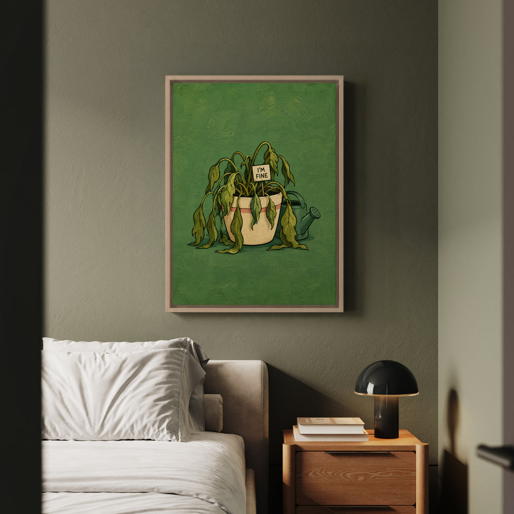 The Overwatered One – Plant Wall Art with a Drooping Leaf Saying It Is Fine – Framed Canvas Wall Art