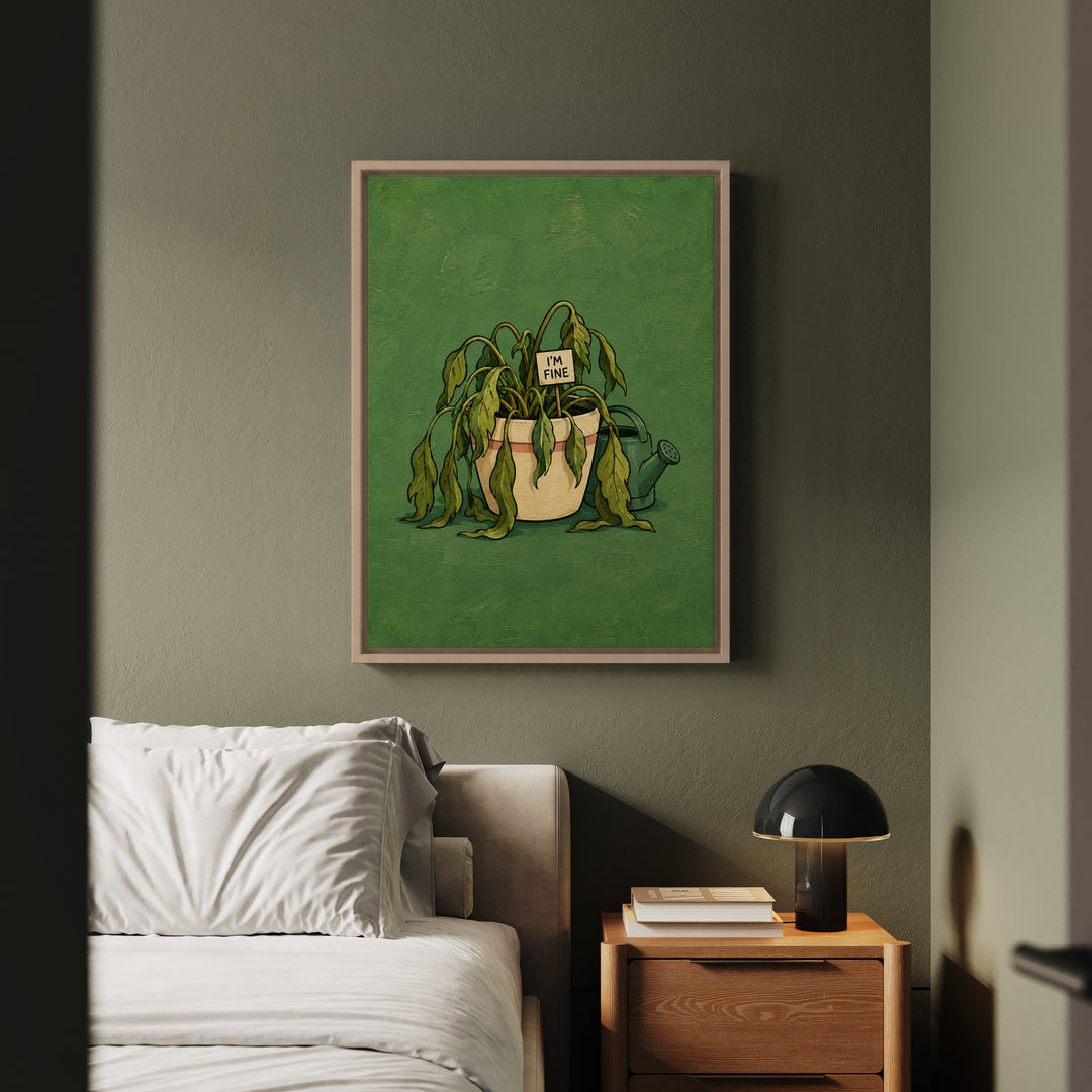 The Overwatered One – Plant Wall Art with a Drooping Leaf Saying It Is Fine – Framed Canvas Wall Art