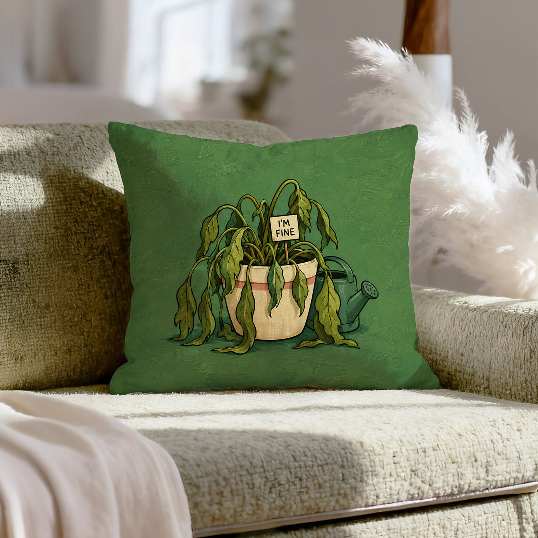 The Overwatered One – Plant Decor with a Drooping Leaf Saying It Is Fine – Throw Pillow
