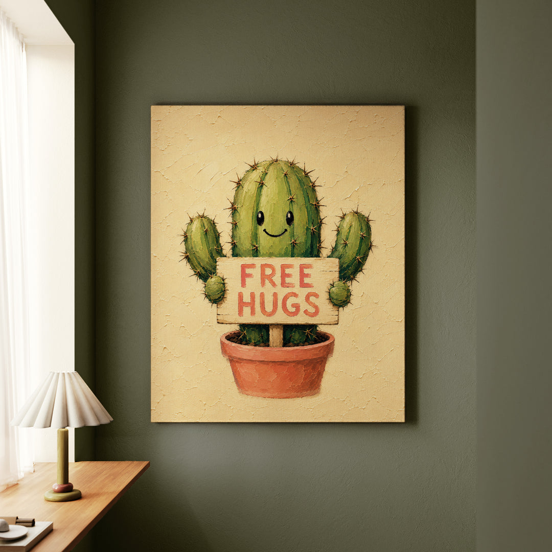 Cactus: Free Hugs – Funny Wall Art with a Cheerful Prickly Hug Offer – Canvas Wall Art