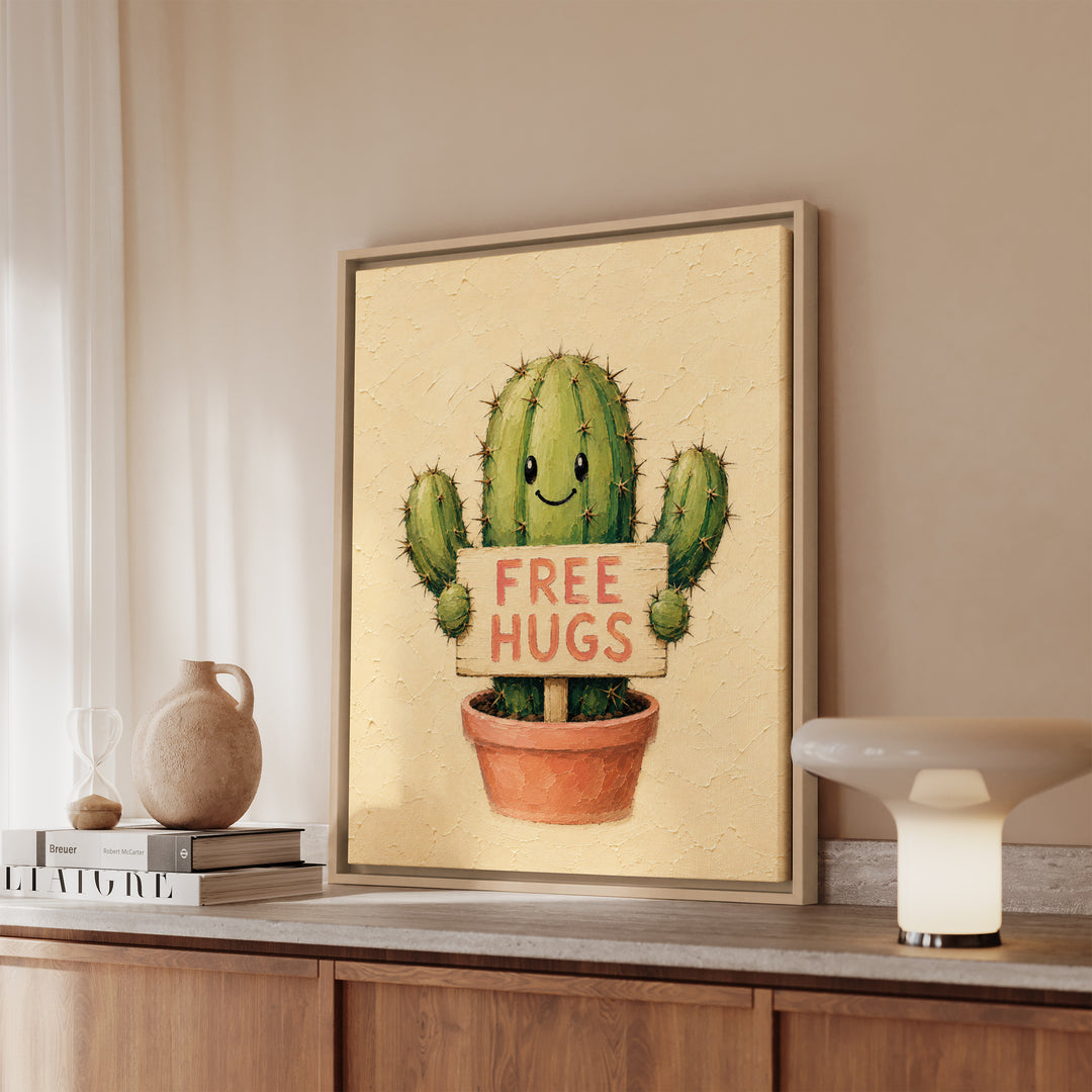 Cactus: Free Hugs – Funny Wall Art with a Cheerful Prickly Hug Offer – Framed Canvas Wall Art
