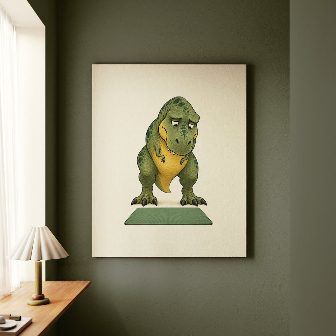 T-Rex vs Push-Up Day – Dinosaur Art with Visible Resignation at the Mat – Canvas Wall Art
