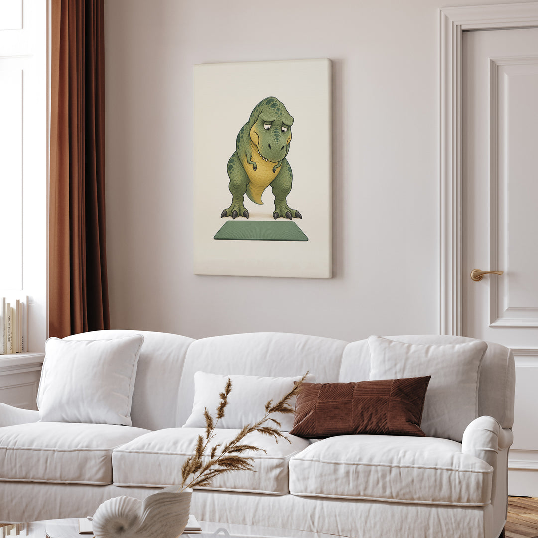T-Rex vs Push-Up Day – Dinosaur Art with Visible Resignation at the Mat – Canvas Wall Art