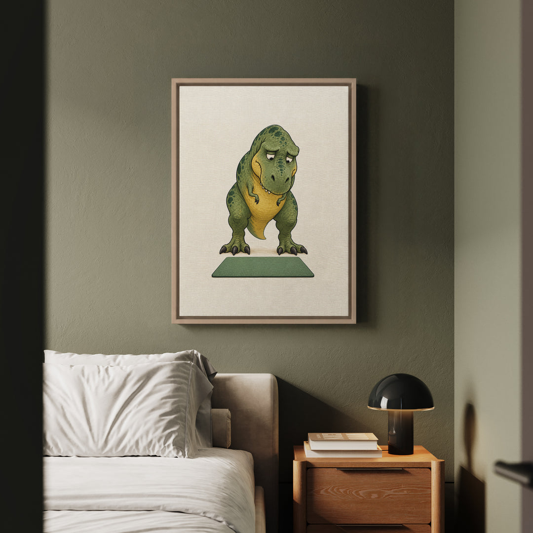 T-Rex vs Push-Up Day – Dinosaur Art with Visible Resignation at the Mat – Framed Canvas Wall Art