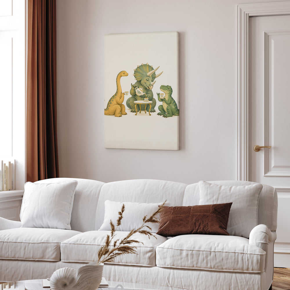 Dino Tea Party – Dinosaur Nursery with a Tiny Table and Raised Pinkies – Canvas Wall Art