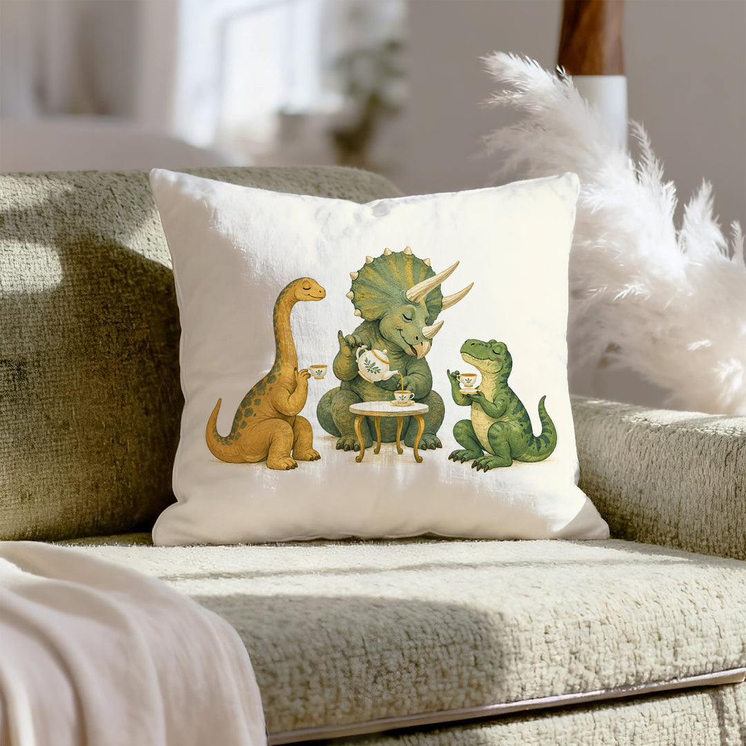 Dino Tea Party – Dinosaur Nursery with a Tiny Table and Raised Pinkies – Throw Pillow
