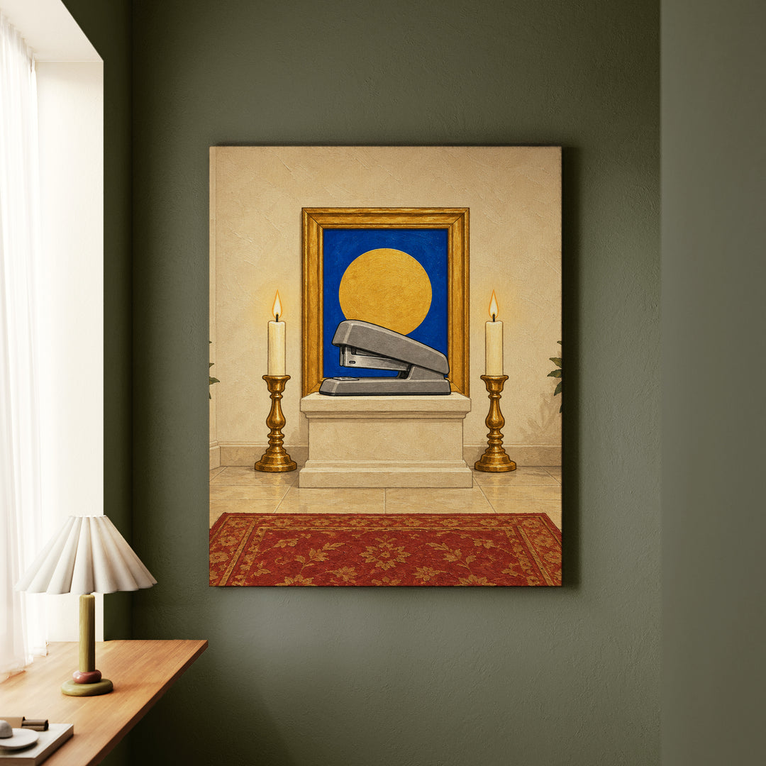 The Sacred Stapler – Funny Office Decor with a Gilded Desk Relic – Canvas Wall Art
