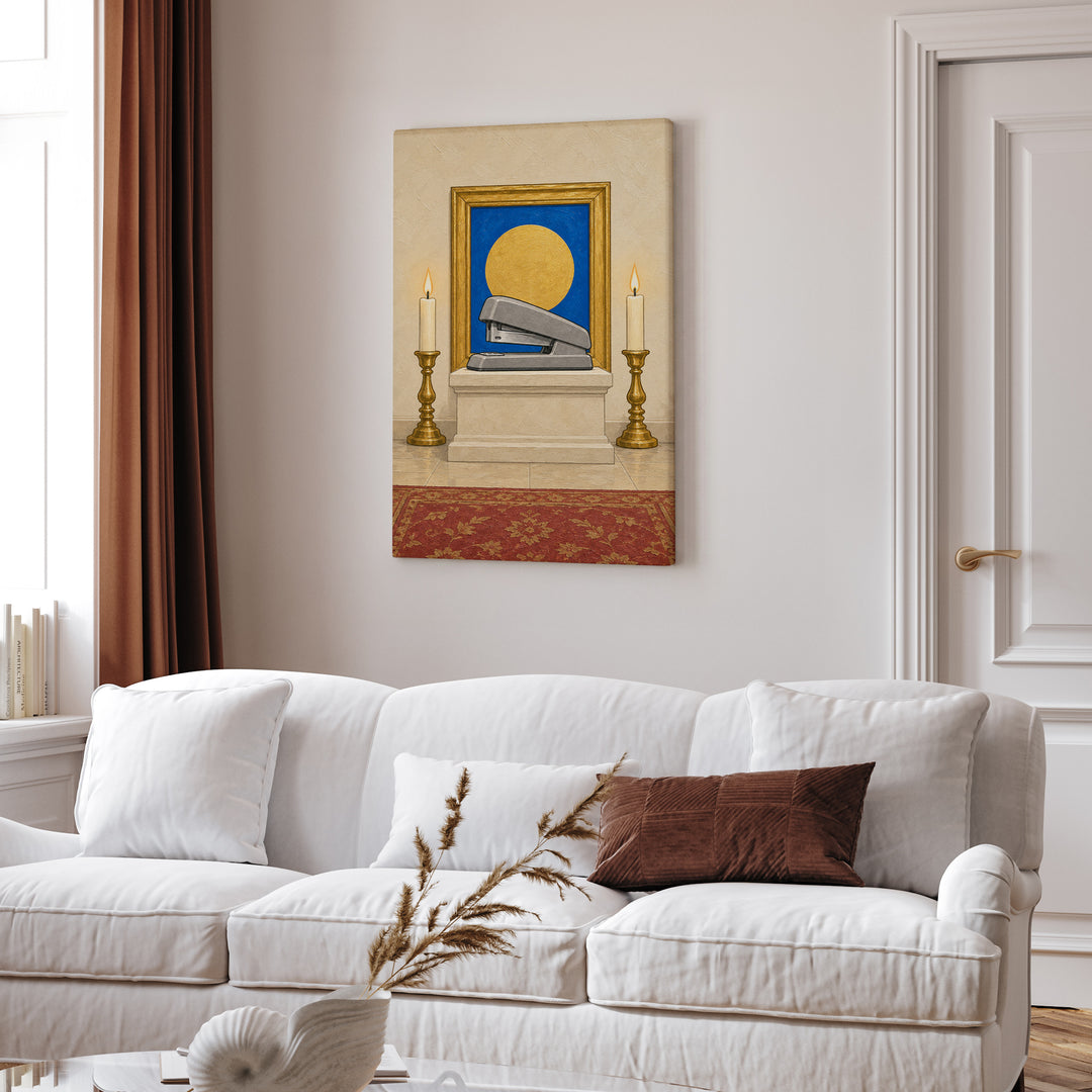 The Sacred Stapler – Funny Office Decor with a Gilded Desk Relic – Canvas Wall Art