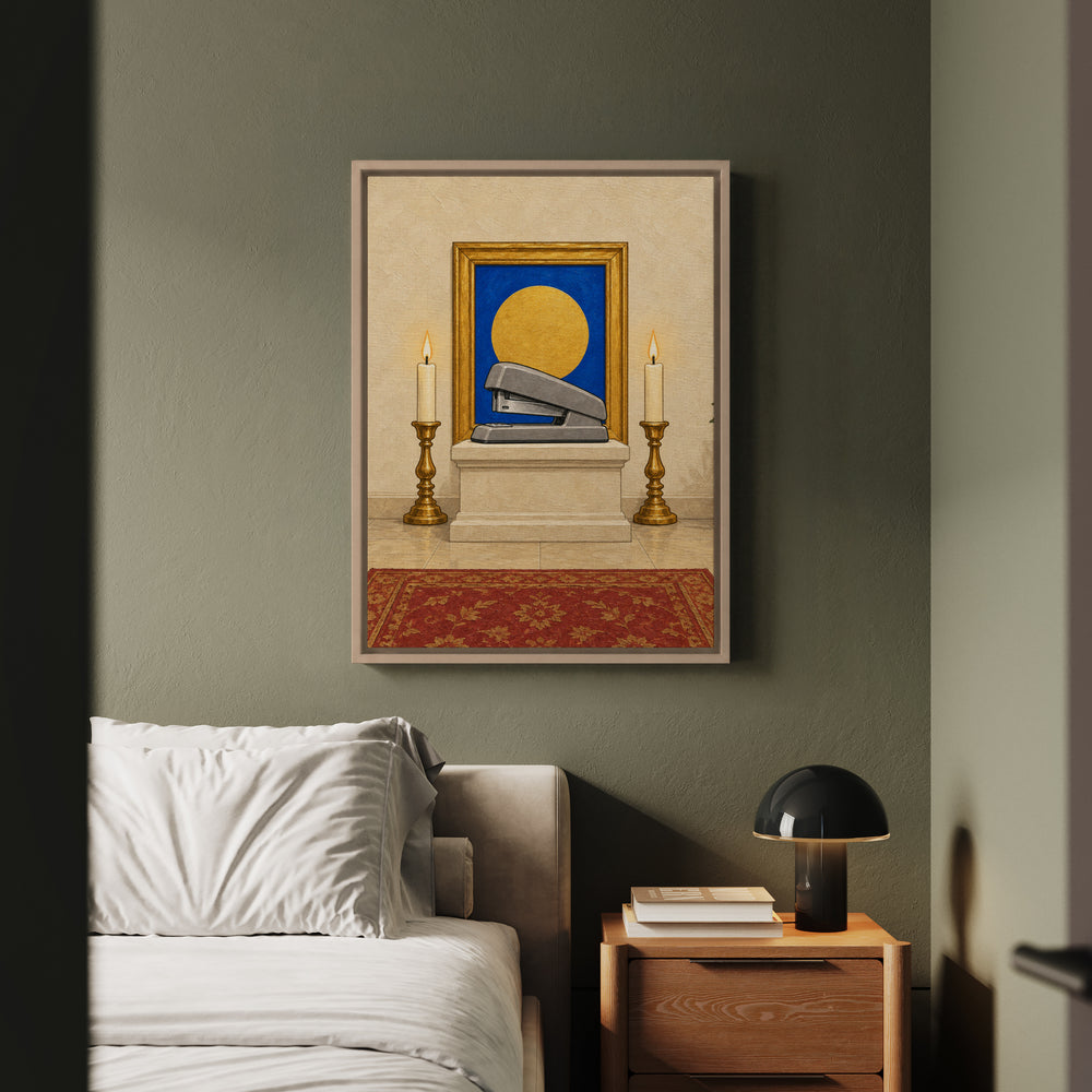 The Sacred Stapler – Funny Office Decor with a Gilded Desk Relic – Framed Canvas Wall Art