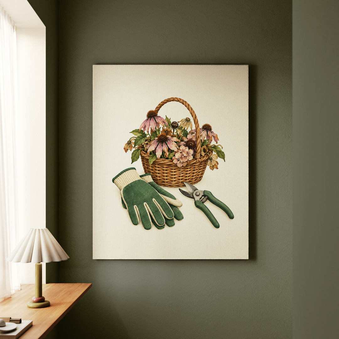 Deadheading Day – Garden Wall Art with Gloves Snips and Spent Blooms – Canvas / Framed Canvas