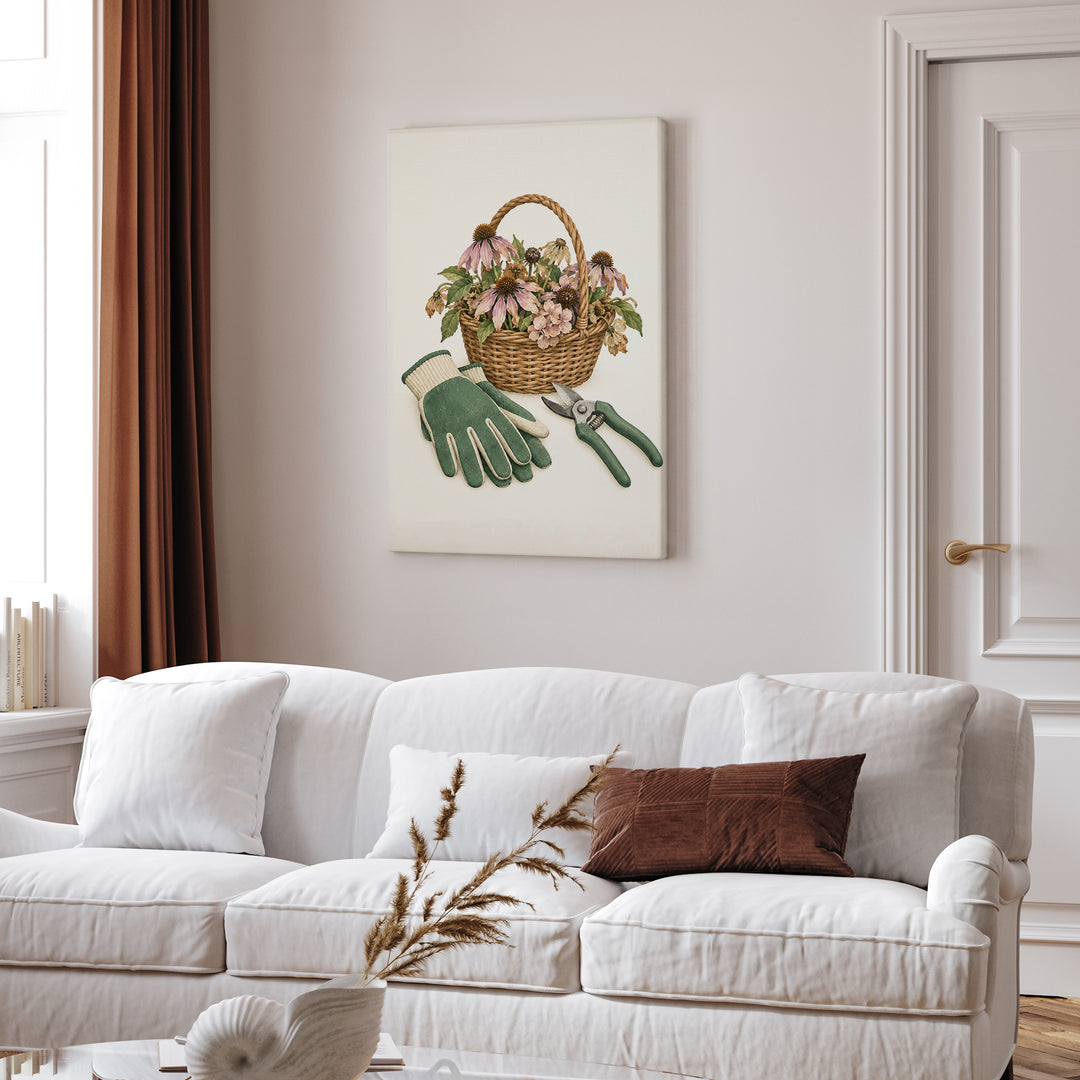 Deadheading Day – Garden Wall Art with Gloves Snips and Spent Blooms – Canvas / Framed Canvas