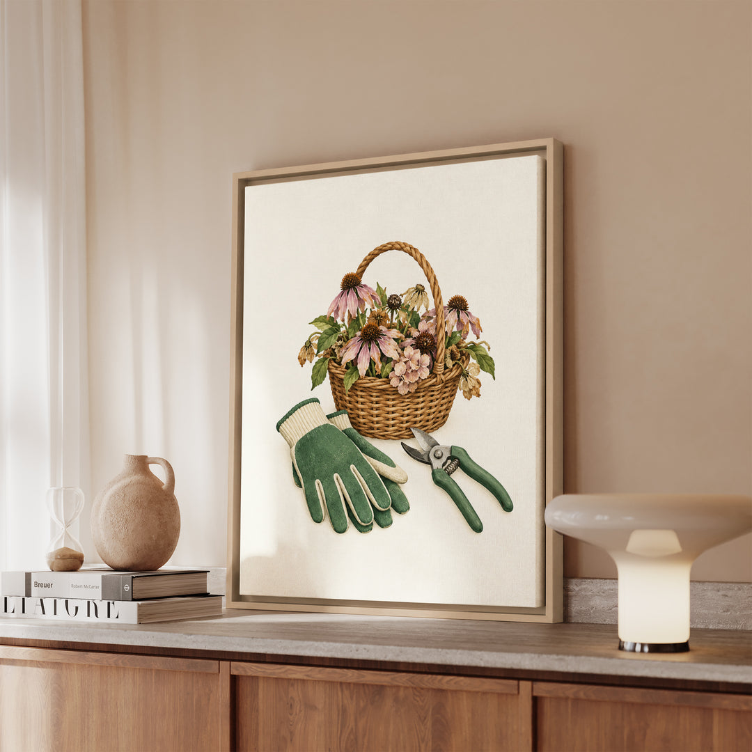 Deadheading Day – Garden Wall Art with Gloves Snips and Spent Blooms – Framed Canvas Wall Art