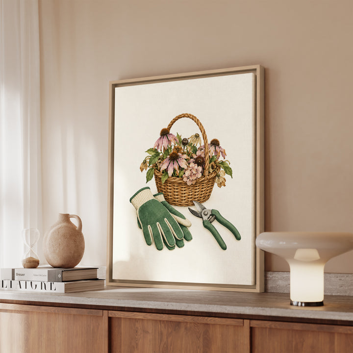 Deadheading Day – Garden Wall Art with Gloves Snips and Spent Blooms – Canvas / Framed Canvas