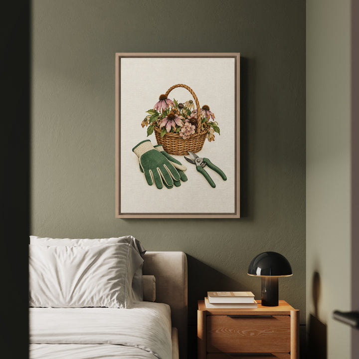 Deadheading Day – Garden Wall Art with Gloves Snips and Spent Blooms – Framed Canvas Wall Art