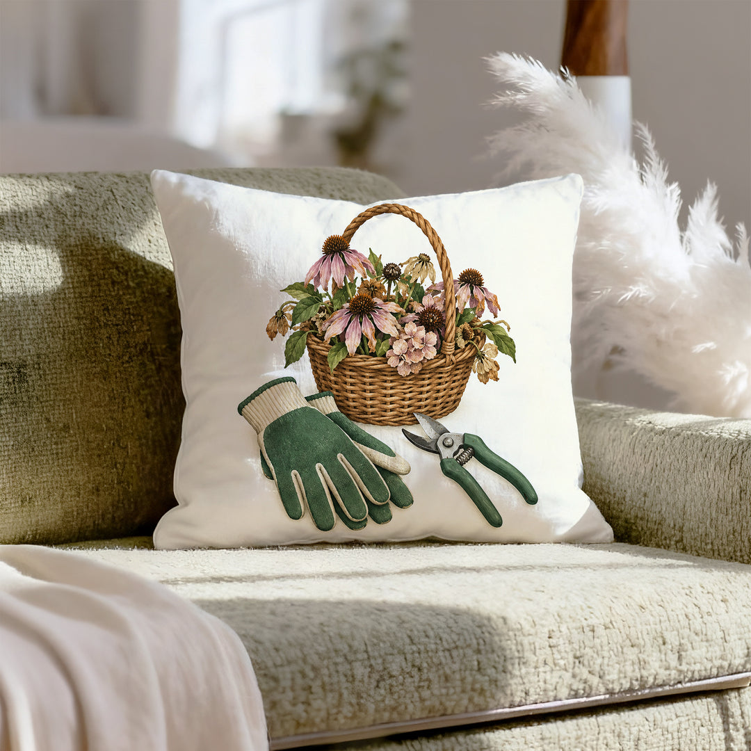 Deadheading Day – Garden Decor with Gloves Snips and Spent Blooms – Throw Pillow