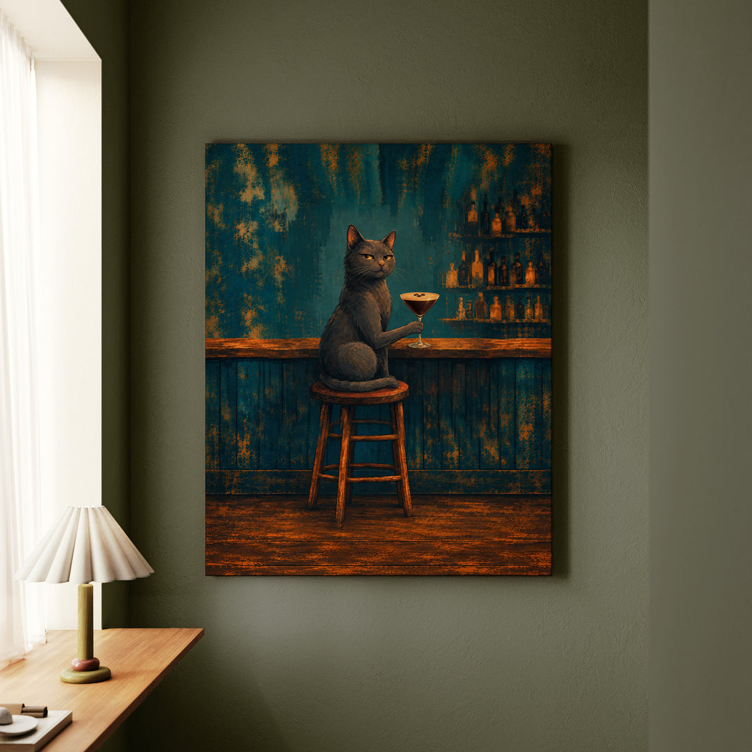 Espresso Martini Society – Espresso Martini Art with a Cat at a Moody Bar – Canvas Wall Art