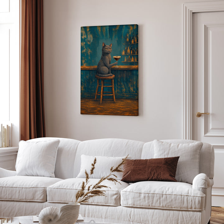 Espresso Martini Society – Espresso Martini Art with a Cat at a Moody Bar – Canvas Wall Art