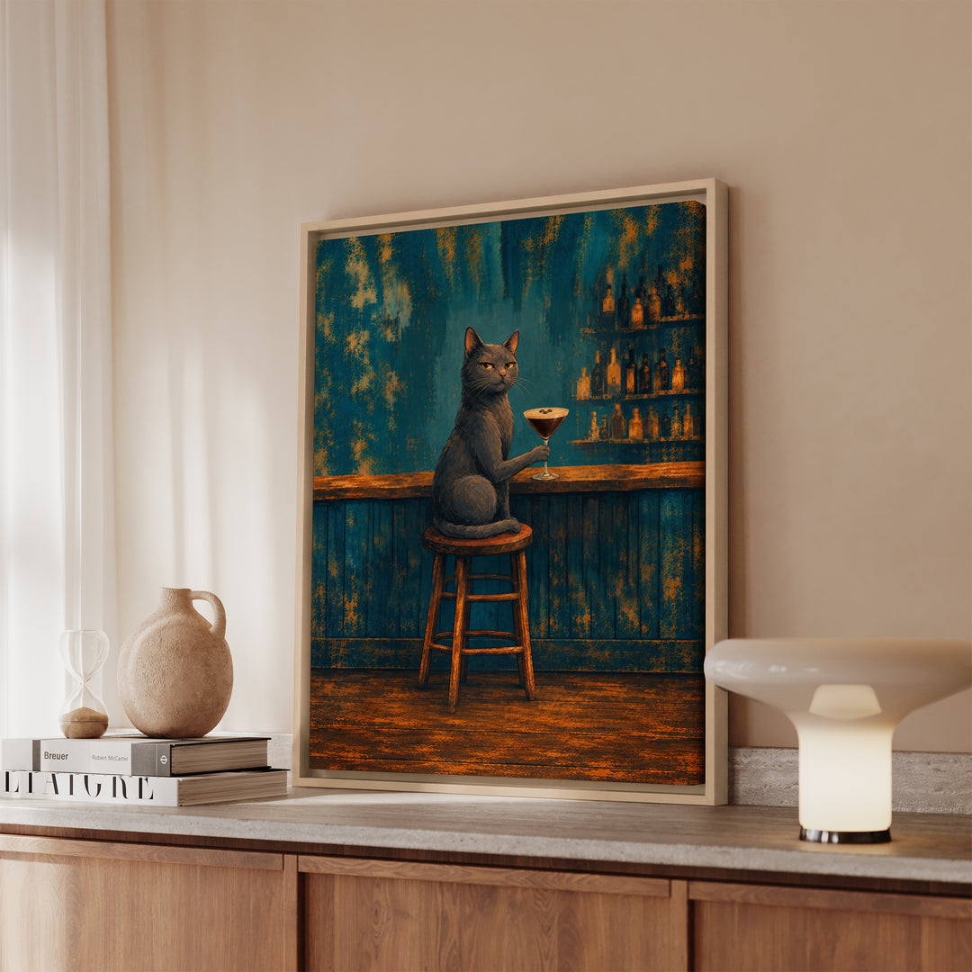 Espresso Martini Society – Espresso Martini Art with a Cat at a Moody Bar – Framed Canvas Wall Art