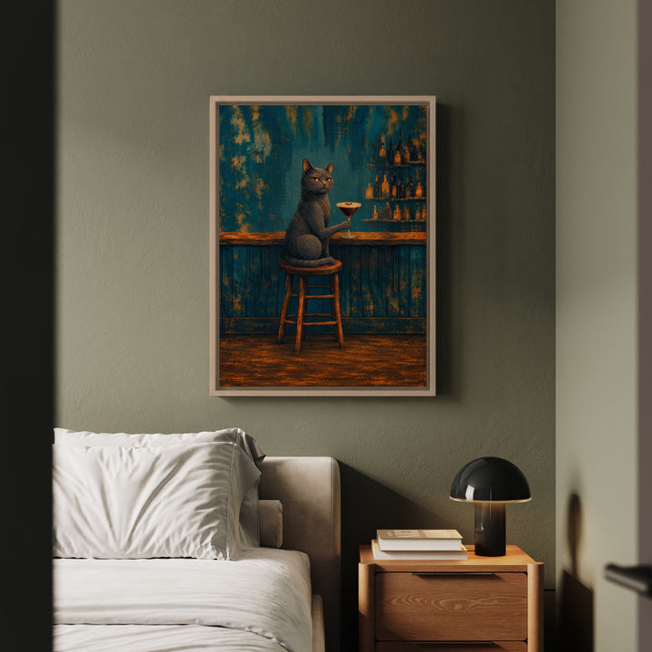 Espresso Martini Society – Espresso Martini Art with a Cat at a Moody Bar – Framed Canvas Wall Art
