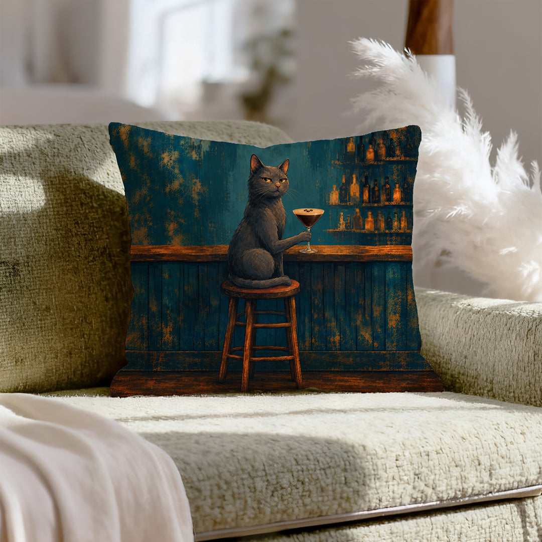 Espresso Martini Society – Espresso Martini Decor with a Cat at a Moody Bar – Throw Pillow