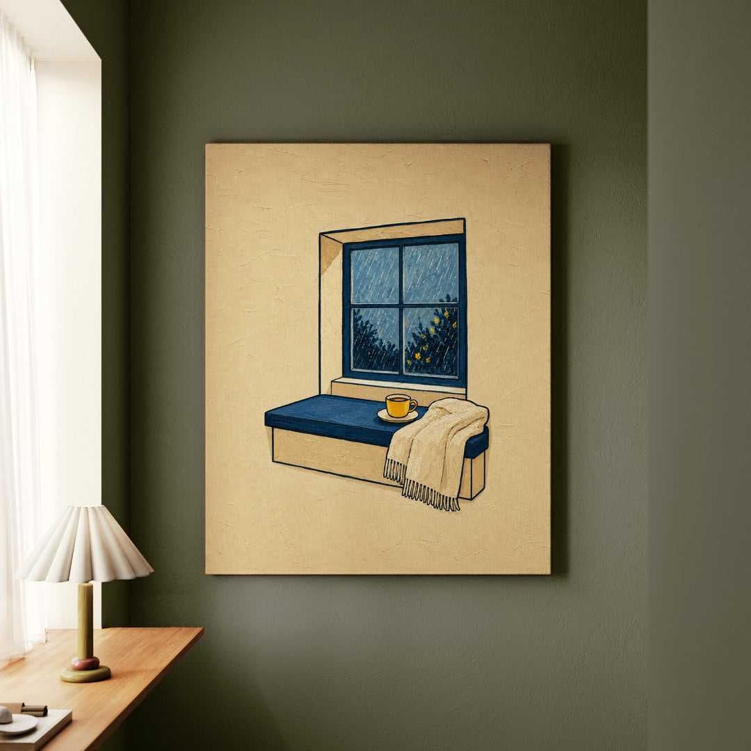 Window Seat: Rain – Window Wall Art with Tea and a Streaked View – Canvas / Framed Canvas