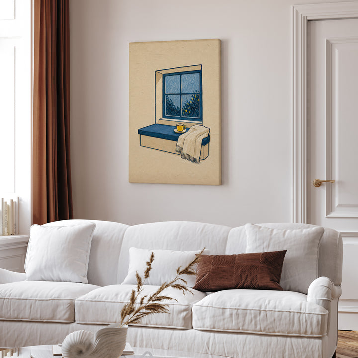 Window Seat: Rain – Window Wall Art with Tea and a Streaked View – Canvas Wall Art